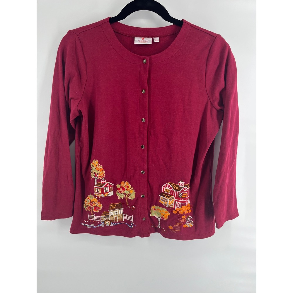 Quacker Factory Burgundy Red Embroidered Cardigan Sz Large Autumn Barn Pumpkin